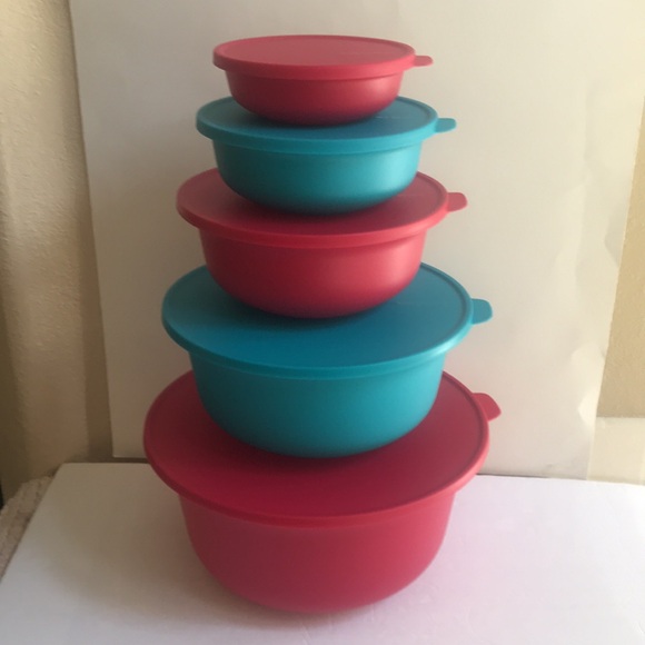VINTAGE TUPPERWARE  ALOHA HOME™ 5 PC. BOWL SET  RED & BLUE - Picture 7 of 7
